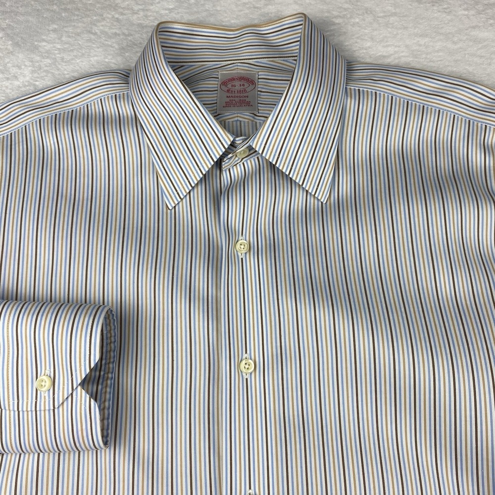 Brooks Brothers Dress Shirt Mens 16-34 Blue/Brown/Gold Stripes Madison No Iron